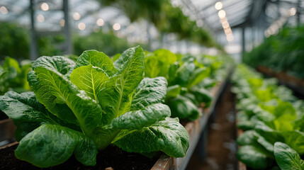 Lush green lettuce growing in modern greenhouse, showcasing sustainable agriculture and innovative farming techniques. vibrant leaves reflect healthy growth under controlled conditions