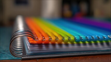 Medium shot capturing split coil binding vivid colors focused sharply while rest of binder and papers fade gently out of focus.