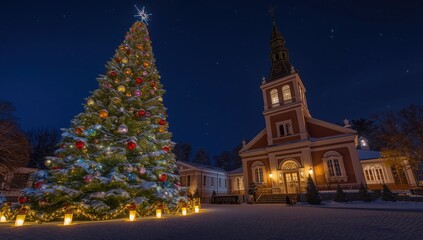 Fototapeta premium Beautiful christmas tree stands illuminated next to a church on a snowy night