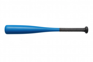 Baseball bat with blue body, black handle grip, photographed in studio setting against clean transparent background