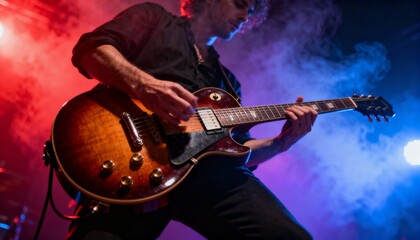 Obraz premium Intense close-up of electric guitar at vibrant rock concert