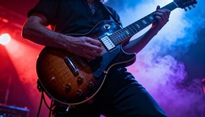 Obraz premium Intense close-up of electric guitar at vibrant rock concert