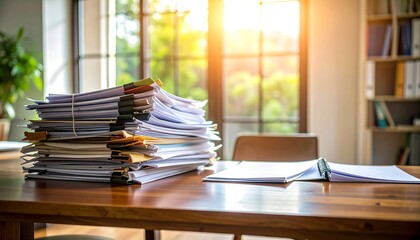 Stack of documents on a wooden table by a window