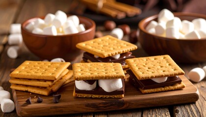 S'mores on a wooden board, with marshmallows and chocolate