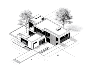 Architectural drawing of a modern house, top-down perspective, showing multiple levels and exterior details
