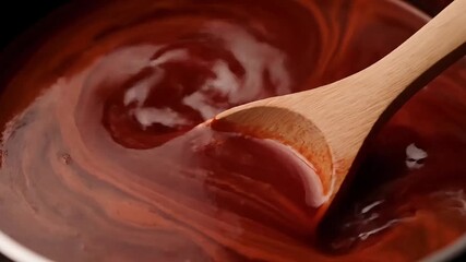 Smooth dark chocolate being stirred with a wooden spoon in a saucepan, creating swirling patterns. - Powered by Adobe