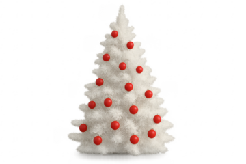 White fluffy christmas tree decorated with red baubles on transparent background