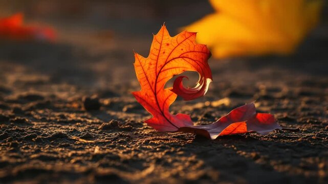 Close-up of single bright orange autumn leaf on ground, nature and sunlight, fall season