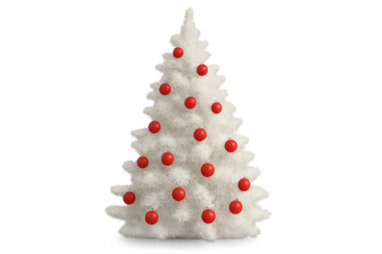 White fluffy christmas tree decorated with red baubles on transparent background - Powered by Adobe