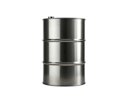 Isolated steel barrel drum or metal tank, industrial container for liquid storage or transportation