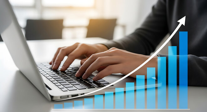 Person s hands typing on a laptop computer with a growth chart overlay showing an upward trend, illustrating financial success.