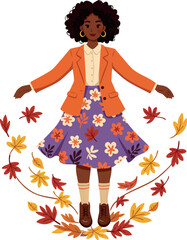 Fototapeta premium Woman Wearing Orange Blazer and Floral Skirt Surrounded by Autumn Leaves Vector Illustration