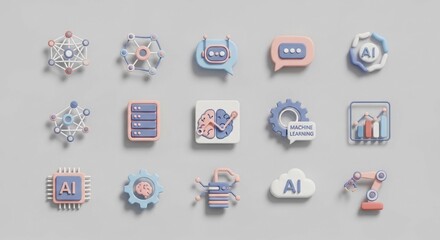 Obraz premium AI Icons Machine Learning, Data Analytics & Chatbot Design