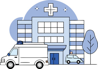 Flat Isometric Hospital Building with Ambulance Outside Illustration