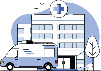 Flat Isometric Hospital Building with Ambulance Outside Illustration