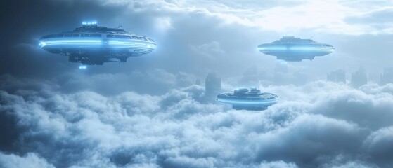 Futuristic spaceships above cloud cityscape