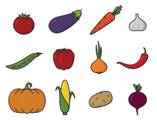 Vegetable illustrations set in cartoon-style. Planting and harvest symbols. Natural organic foods. Isolated vector images