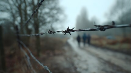 Foggy path with barbed wire and distant figures walking in a quiet forest scene