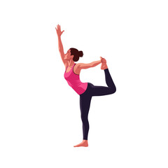 A woman in a pink tank top black leggings is doing a yoga pose, she is holding her foot one hand raising the other
