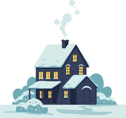 Fototapeta premium Snowy winter house with smoke from chimney and glowing windows cozy winter home scene vector illustration