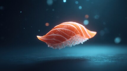Exquisite Salmon Nigiri Sushi Levitating in Moody, Atmospheric Underwater Lighting.