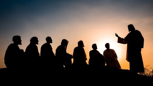 Teaching moment at sunset with a group of people listening intently in silhouette