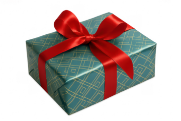 Elegant green gift box wrapped with red ribbon on transparent background
