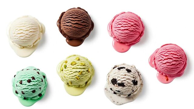 Multiple colorful scoops of frozen dessert including chocolate vanilla mint strawberry pistachio and cookie flavors arranged on a bright white background