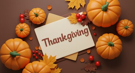 Thanksgiving Card with Autumn Pumpkins, Fall Leaves, and Berries on Brown Background. Festive Holiday Celebration.