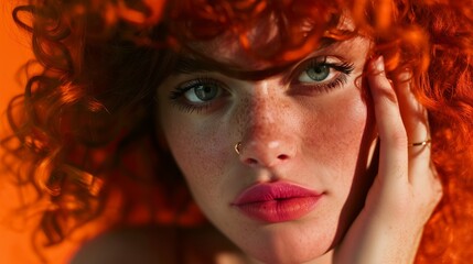 Close-up portrait of woman with red curly hair and freckles