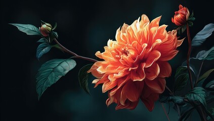 Close-up of vibrant orange dahlia flower, dark background, soft focus
