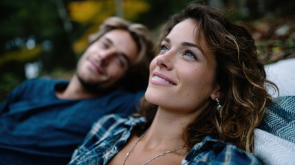 Obraz premium A young couple relaxing together outdoors, surrounded by nature, evoking warmth, love, happiness, and tranquility as they share a serene moment in gentle sunlight.