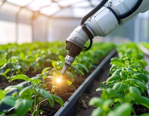 Robotic arm tending to plants in a greenhouse