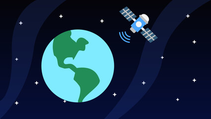 Fototapeta premium Illustration of a satellite orbiting the earth and transmitting signals. Vector with a space and star background for education, science and technology.