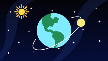 Illustration of the earth, moon and sun emitting light. Vector with space and stars background for education, science and technology.