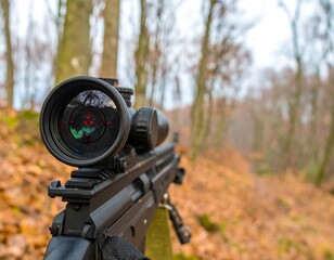 Sniper rifle scope in a forest
