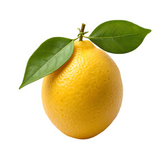 A single ripe yellow lemon with two green leaves on a dark background