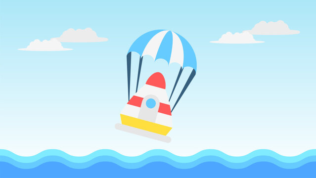 Illustration of a space capsule landing in the ocean after conducting research in space. Vector background for education, science and technology.