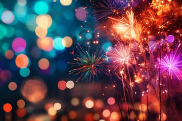 Obraz premium Fireworks light up the night sky with bursts of vibrant colors, creating a dazzling spectacle amidst a bokeh background