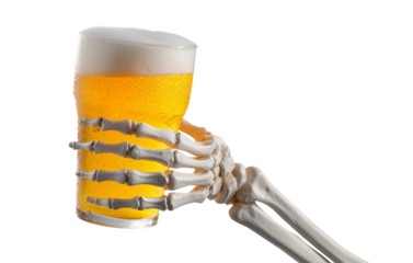 Skeleton hand holding a glass of cold beer with foam and condensation against transparent background. Halloween drinks. 