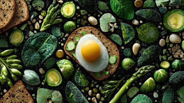 Overhead View of Healthy Breakfast - Egg on Toast Surrounded by Green Vegetables. - Powered by Adobe