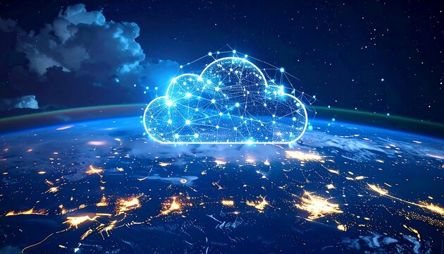 A glowing cloud graphic, connected by lines, hovers over a detailed night view of Earth, lit with city lights, in a space-like setting