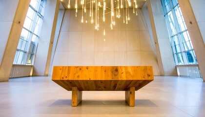 Modern, minimalist wooden table in a spacious, light-filled interior