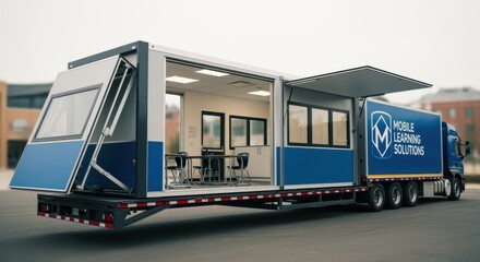 of a compact classroom unit unfolding from a transport trailer emphasizing fast setup and mobility.