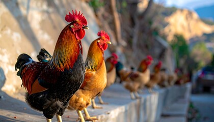 Roosters lined up on a stone wall