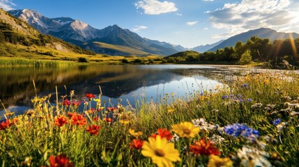 A picturesque view of a lake, wildflowers, and mountain scenery. The sky is clear, with a lake reflecting the mountains