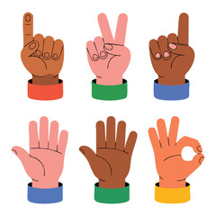 Fototapeta premium Diverse collection of cartoon hands displaying various gestures and counting numbers