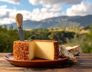 Round cheese slice with crusty bread