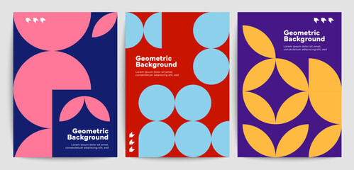 Abstract modern posters with geometric shapes pattern. Vector circle and leaf figures background posters, presentation banner or brochure cover. Retro color geometric mosaic patterns set