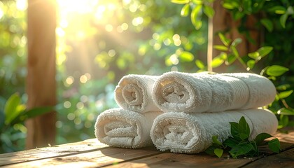 Rolled white towels on a wooden surface, sunlit garden background